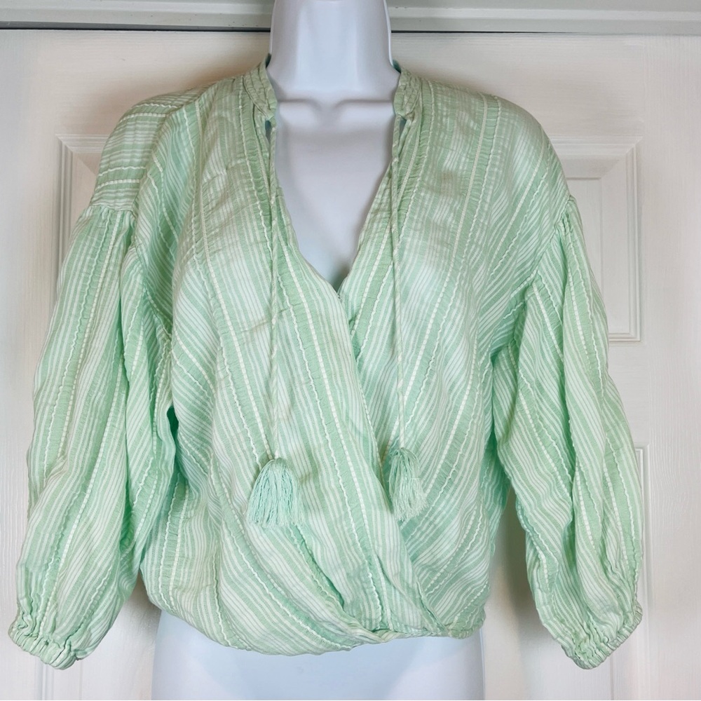 Loft Lou & Grey Mint Green Wrap Shirt Sz S Striped Tassels Hi-Lo Hem Lightweight